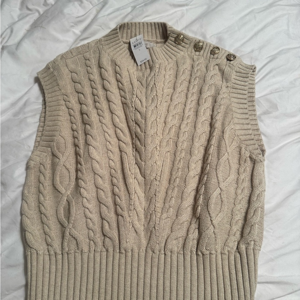 LOFT Beige Knit Sweater with Button Accent